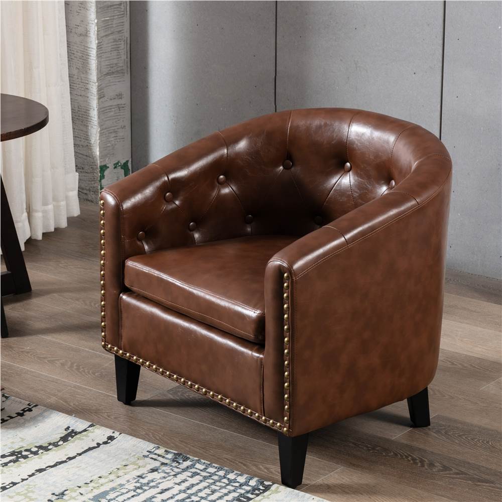 1-Seat PU Leather Sofa with Wooden Frame and Curved Backrest for Living Room, Bedroom, Office, Apartment - Brown 1-Seat PU Leather Sofa With Wooden Frame And Curved Backrest For Living Room, Bedroom, Office, Apartment - Brown -NEWTRAL Sales Shop PU Leather Tufted Barrel ChairTub Chair for Living Room Bedroom Club Chairs 458616 2