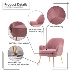 Velvet Upholstered Chair With Curved Backrest And Adjustable Metal Legs, For Living Room, Bedroom, Dining Room, Office - Pink -NEWTRAL Sales Shop Pink Velvet Armchair 7139 458809 2