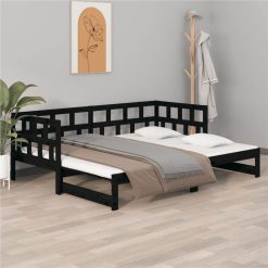 Pull-out Day Bed Black Solid Wood Pine 2x(90x190) Cm