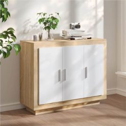 Sideboard White And Sonoma Oak 92x35x75 Cm Engineered Wood