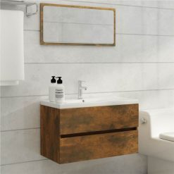 Sink Cabinet With Built-in Basin Smoked Oak Engineered Wood