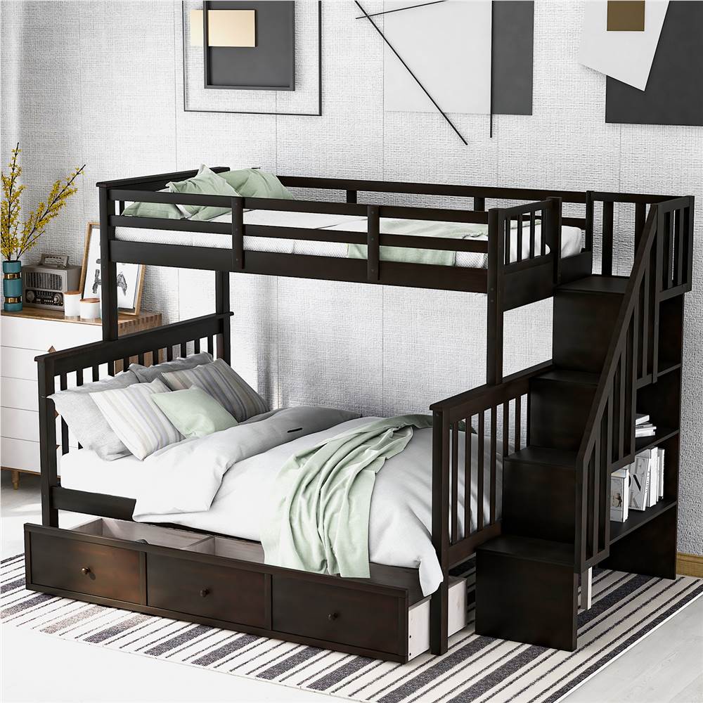 Twin-Over-Full Size Stairway Bunk Bed Frame with Storage Drawer, and Wooden Slats Support, No Spring Box Required (Frame Only) - Espresso Twin-Over-Full Size Stairway Bunk Bed Frame With Storage Drawer, And Wooden Slats Support, No Spring Box Required (Frame Only) - Espresso -NEWTRAL Sales Shop Stairway Twin Over Full Bunk Bed with Drawer Storage and Guard Rail for Bedroom Dorm for Kids Adults Espresso color 459491 0