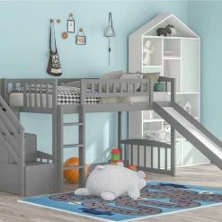 NEWTRAL Sales Shop -NEWTRAL Sales Shop Stairway Twin Size Loft Bed with Two Drawers and Slide Gray 471624 0