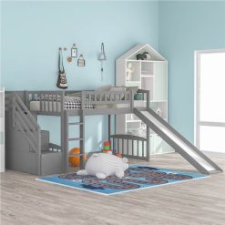 Twin-Size Loft Bed Frame With Storage Stairs, Slide, And Wooden Slats Support, No Box Spring Required, For Kids, Teens, Boys, Girls (Frame Only) - Gray -NEWTRAL Sales Shop Stairway Twin Size Loft Bed with Two Drawers and Slide Gray 471624 1