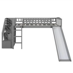 Twin-Size Loft Bed Frame With Storage Stairs, Slide, And Wooden Slats Support, No Box Spring Required, For Kids, Teens, Boys, Girls (Frame Only) - Gray -NEWTRAL Sales Shop Stairway Twin Size Loft Bed with Two Drawers and Slide Gray 471624 2