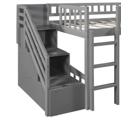 Twin-Size Loft Bed Frame With Storage Stairs, Slide, And Wooden Slats Support, No Box Spring Required, For Kids, Teens, Boys, Girls (Frame Only) - Gray -NEWTRAL Sales Shop Stairway Twin Size Loft Bed with Two Drawers and Slide Gray 471624 3