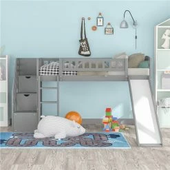NEWTRAL Sales Shop 15 Twin-Size Loft Bed Frame With Storage Stairs, Slide, And Wooden Slats Support, No Box Spring Required, For Kids, Teens, Boys, Girls (Frame Only) - Gray