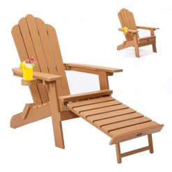 TALE AC02BN Adirondack Chairs With Cup Holder, High Plastic Wood Patio Chairs, 380lbs Load Capacity, Pull Out Ottoman, Weather Resistant - Khaki