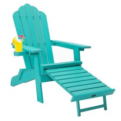 TALE AC02G Adirondack Chairs With Cup Holder, High Plastic Wood Patio Chairs, 380lbs Load Capacity, Pull Out Ottoman, Weather Resistant - Green