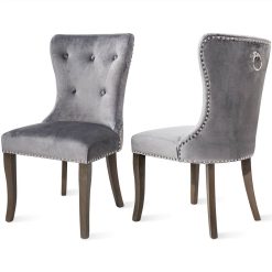 TOPMAX Velvet Upholstered Chair Set Of 2, With Curved Backrest And Rubber Wood Legs For Dining Room, Bedroom, Living Room, Office - Grey -NEWTRAL Sales Shop TOPMAX Victorian Dining Chair Button Tufted Armless Chair Upholstered Accent Chair Nailhead Trim Chair Ring Pull Set of 2 Grey 457195 2
