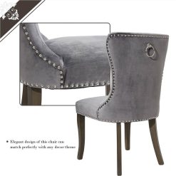 TOPMAX Velvet Upholstered Chair Set Of 2, With Curved Backrest And Rubber Wood Legs For Dining Room, Bedroom, Living Room, Office - Grey -NEWTRAL Sales Shop TOPMAX Victorian Dining Chair Button Tufted Armless Chair Upholstered Accent Chair Nailhead Trim Chair Ring Pull Set of 2 Grey 457195 4