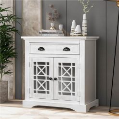 TREXM 28" Retro Wooden Storage Cabinet With 2 Doors And Drawer, For Kitchen, Restaurant, Office, Living Room, Cafe - White