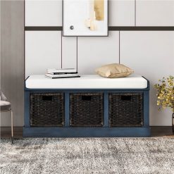 TREXM 43.7" Rustic Style Wooden Storage Bench With 3 Removable Rattan Basket, For Entrance, Hallway, Bedroom - Navy