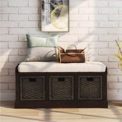 TREXM 43.7" Rustic Style Wooden Storage Bench With 3 Removable Rattan Basket, For Entrance, Hallway, Bedroom - Espresso