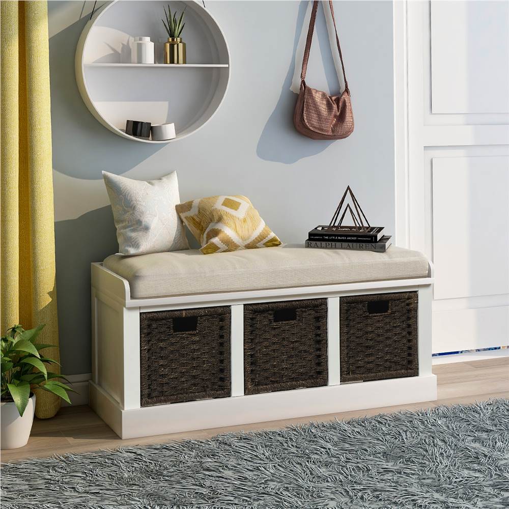 TREXM 43.7" Rustic Style Wooden Storage Bench with 3 Removable Rattan Basket, for Entrance, Hallway, Bedroom - White TREXM 43.7" Rustic Style Wooden Storage Bench With 3 Removable Rattan Basket, For Entrance, Hallway, Bedroom - White -NEWTRAL Sales Shop TREXM Rustic Storage Bench with 3 Removable Classic Rattan Basket Entryway Bench Storage Bench with Removable Cushion White 463054 0