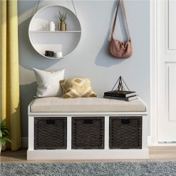 TREXM 43.7" Rustic Style Wooden Storage Bench With 3 Removable Rattan Basket, For Entrance, Hallway, Bedroom - White
