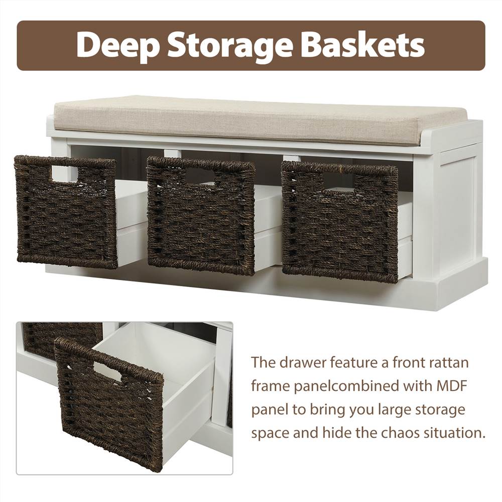TREXM 43.7" Rustic Style Wooden Storage Bench with 3 Removable Rattan Basket, for Entrance, Hallway, Bedroom - White TREXM 43.7" Rustic Style Wooden Storage Bench With 3 Removable Rattan Basket, For Entrance, Hallway, Bedroom - White -NEWTRAL Sales Shop TREXM Rustic Storage Bench with 3 Removable Classic Rattan Basket Entryway Bench Storage Bench with Removable Cushion White 463054 3