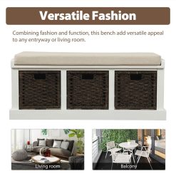 TREXM 43.7" Rustic Style Wooden Storage Bench With 3 Removable Rattan Basket, For Entrance, Hallway, Bedroom - White 3 TREXM 43.7" Rustic Style Wooden Storage Bench With 3 Removable Rattan Basket, For Entrance, Hallway, Bedroom - White -NEWTRAL Sales Shop TREXM Rustic Storage Bench with 3 Removable Classic Rattan Basket Entryway Bench Storage Bench with Removable Cushion White 463054 4