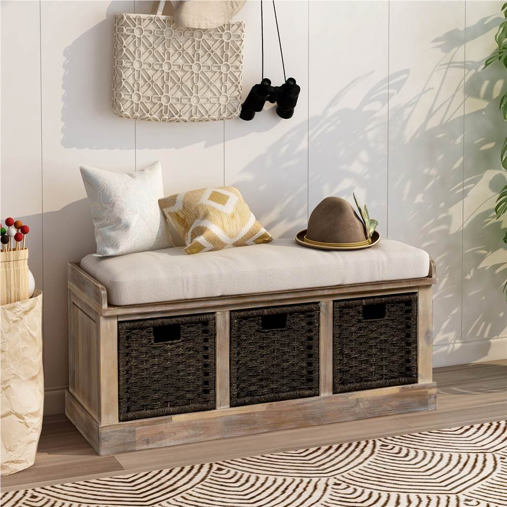 TREXM 43.7" Rustic Style Wooden Storage Bench with 3 Removable Rattan Basket, for Entrance, Hallway, Bedroom - White Washed TREXM 43.7" Rustic Style Wooden Storage Bench With 3 Removable Rattan Basket, For Entrance, Hallway, Bedroom - White Washed -NEWTRAL Sales Shop TREXM Rustic Storage Bench with 3 Removable Classic Rattan Basket Entryway Bench Storage Bench with Removable Cushion White Washed 463057 0