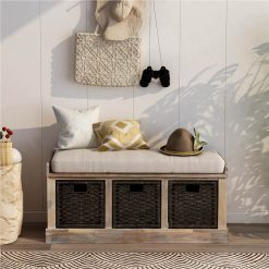TREXM 43.7" Rustic Style Wooden Storage Bench With 3 Removable Rattan Basket, For Entrance, Hallway, Bedroom - White Washed