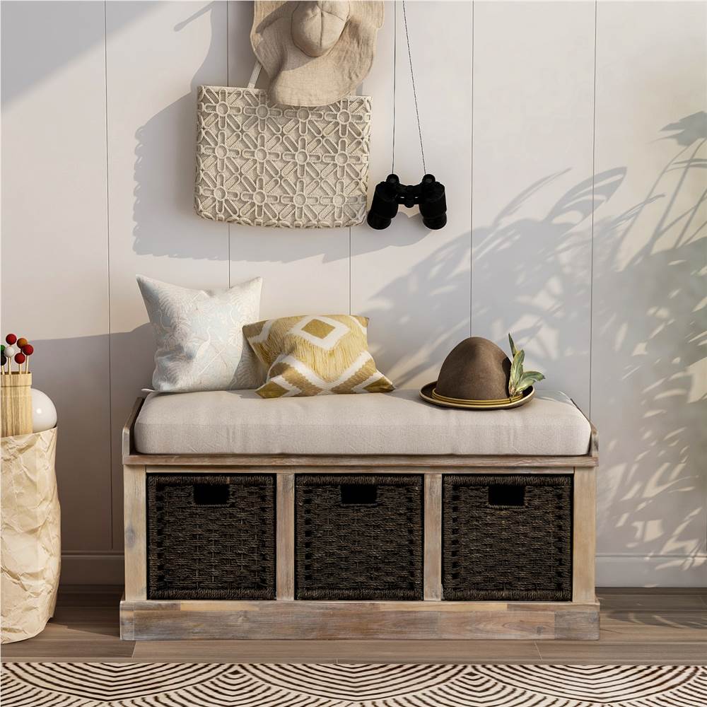 TREXM 43.7" Rustic Style Wooden Storage Bench with 3 Removable Rattan Basket, for Entrance, Hallway, Bedroom - White Washed TREXM 43.7" Rustic Style Wooden Storage Bench With 3 Removable Rattan Basket, For Entrance, Hallway, Bedroom - White Washed -NEWTRAL Sales Shop TREXM Rustic Storage Bench with 3 Removable Classic Rattan Basket Entryway Bench Storage Bench with Removable Cushion White Washed 463057 1