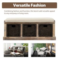 TREXM 43.7" Rustic Style Wooden Storage Bench With 3 Removable Rattan Basket, For Entrance, Hallway, Bedroom - White Washed 3 TREXM 43.7" Rustic Style Wooden Storage Bench With 3 Removable Rattan Basket, For Entrance, Hallway, Bedroom - White Washed -NEWTRAL Sales Shop TREXM Rustic Storage Bench with 3 Removable Classic Rattan Basket Entryway Bench Storage Bench with Removable Cushion White Washed 463057 4