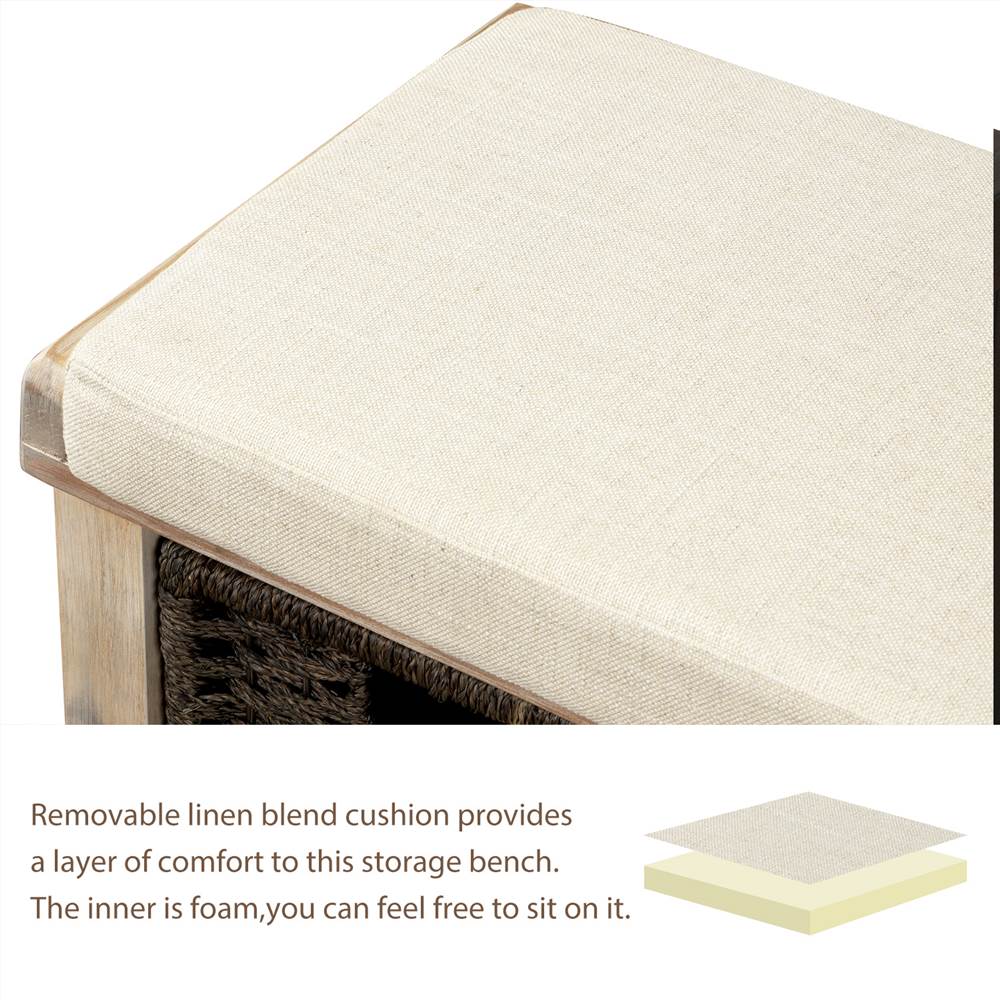 TREXM 43.7" Rustic Style Wooden Storage Bench with 3 Removable Rattan Basket, for Entrance, Hallway, Bedroom - White Washed TREXM 43.7" Rustic Style Wooden Storage Bench With 3 Removable Rattan Basket, For Entrance, Hallway, Bedroom - White Washed -NEWTRAL Sales Shop TREXM Rustic Storage Bench with 3 Removable Classic Rattan Basket Entryway Bench Storage Bench with Removable Cushion White Washed 463057 5