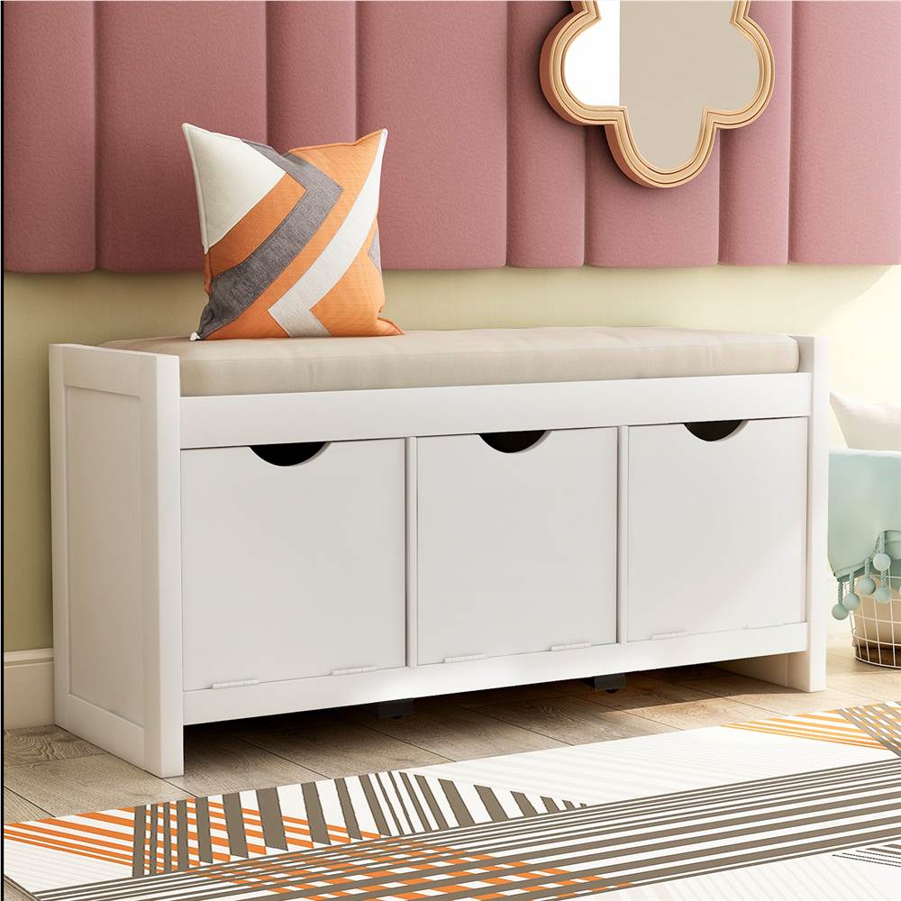 TREXM 39" Wooden Storage Bench with Removable Cushion and 3 Flip Lock Storage Cubbies, for Entrance, Hallway, Bedroom, Living Room - White TREXM 39" Wooden Storage Bench With Removable Cushion And 3 Flip Lock Storage Cubbies, For Entrance, Hallway, Bedroom, Living Room - White -NEWTRAL Sales Shop TREXM Storage Bench with Removale Cushion and 3 Flip Lock Storage Cubbies for Living Room Entryway White 463059 0