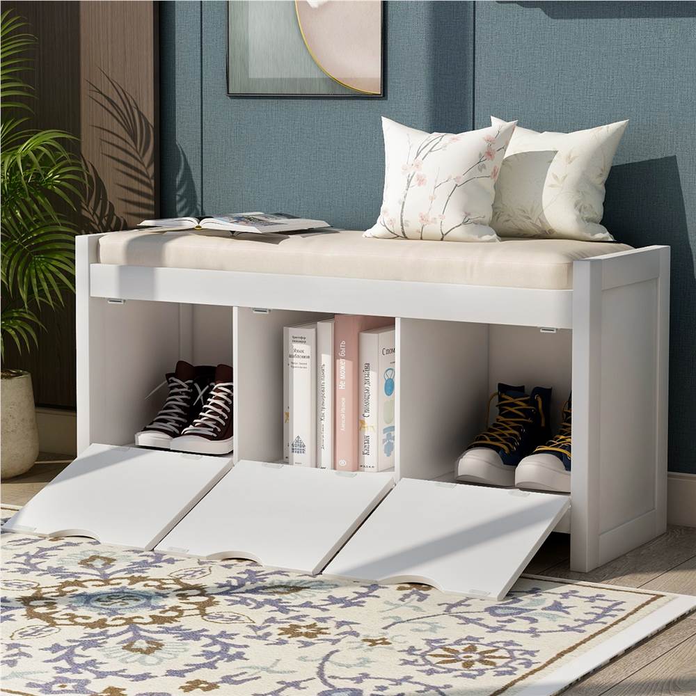 TREXM 39" Wooden Storage Bench with Removable Cushion and 3 Flip Lock Storage Cubbies, for Entrance, Hallway, Bedroom, Living Room - White TREXM 39" Wooden Storage Bench With Removable Cushion And 3 Flip Lock Storage Cubbies, For Entrance, Hallway, Bedroom, Living Room - White -NEWTRAL Sales Shop TREXM Storage Bench with Removale Cushion and 3 Flip Lock Storage Cubbies for Living Room Entryway White 463059 1