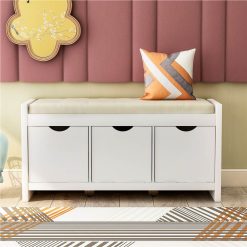 TREXM 39" Wooden Storage Bench With Removable Cushion And 3 Flip Lock Storage Cubbies, For Entrance, Hallway, Bedroom, Living Room - White