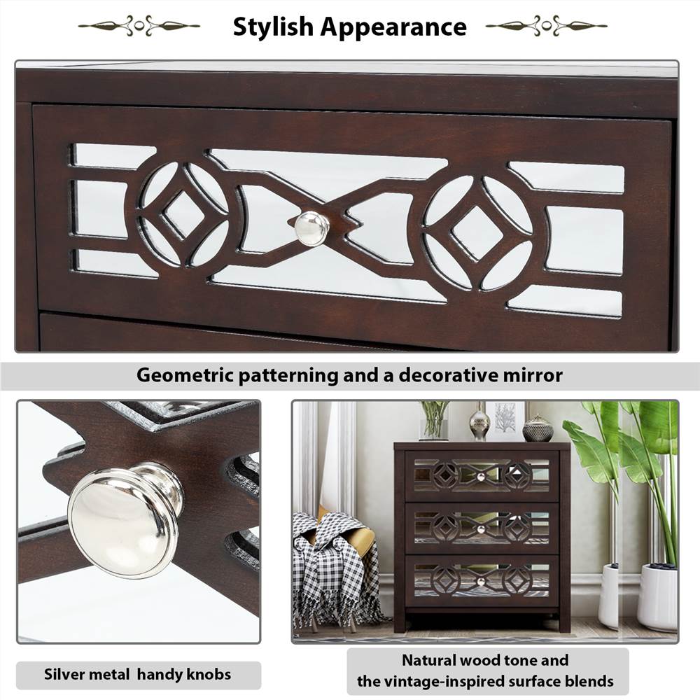 TREXM 26" Wooden Storage Cabinet with 3 Drawers and Decorative Mirror, for Entrance, Hallway, Dining Room, Kitchen - Espresso TREXM 26" Wooden Storage Cabinet With 3 Drawers And Decorative Mirror, For Entrance, Hallway, Dining Room, Kitchen - Espresso -NEWTRAL Sales Shop TREXM Wooden Storage Cabinet with 3 Drawers and Decorative Mirror Natural Wood Espresso 459124 3