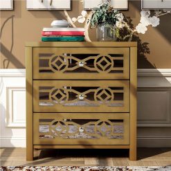 TREXM 26" Wooden Storage Cabinet With 3 Drawers And Decorative Mirror, For Entrance, Hallway, Dining Room, Kitchen - Gold