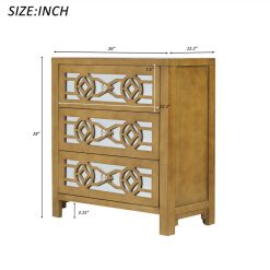 TREXM 26" Wooden Storage Cabinet With 3 Drawers And Decorative Mirror, For Entrance, Hallway, Dining Room, Kitchen - Gold -NEWTRAL Sales Shop TREXM Wooden Storage Cabinet with 3 Drawers and Decorative Mirror Natural Wood Gold 459127 2
