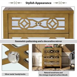 TREXM 26" Wooden Storage Cabinet With 3 Drawers And Decorative Mirror, For Entrance, Hallway, Dining Room, Kitchen - Gold -NEWTRAL Sales Shop TREXM Wooden Storage Cabinet with 3 Drawers and Decorative Mirror Natural Wood Gold 459127 3