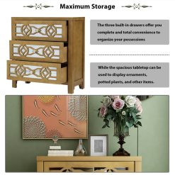 TREXM 26" Wooden Storage Cabinet With 3 Drawers And Decorative Mirror, For Entrance, Hallway, Dining Room, Kitchen - Gold -NEWTRAL Sales Shop TREXM Wooden Storage Cabinet with 3 Drawers and Decorative Mirror Natural Wood Gold 459127 4