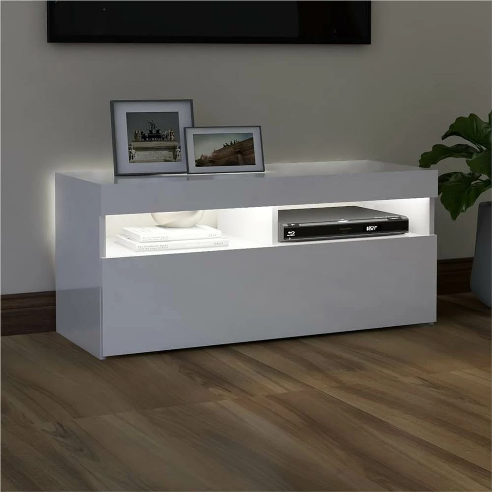 TV Cabinet With LED Lights High Gloss White 90x35x40 Cm 3 TV Cabinet With LED Lights High Gloss White 90x35x40 Cm - Image 3