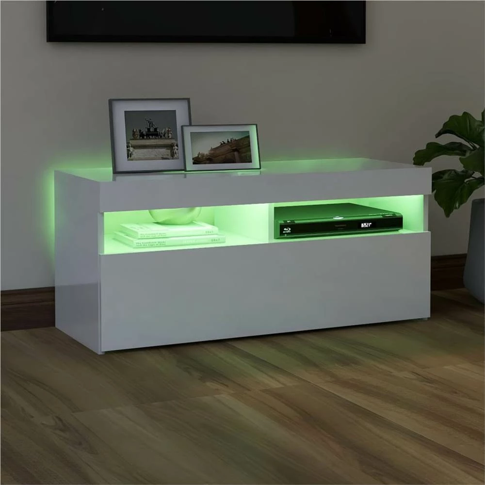 TV Cabinet With LED Lights High Gloss White 90x35x40 Cm 4 TV Cabinet With LED Lights High Gloss White 90x35x40 Cm - Image 4