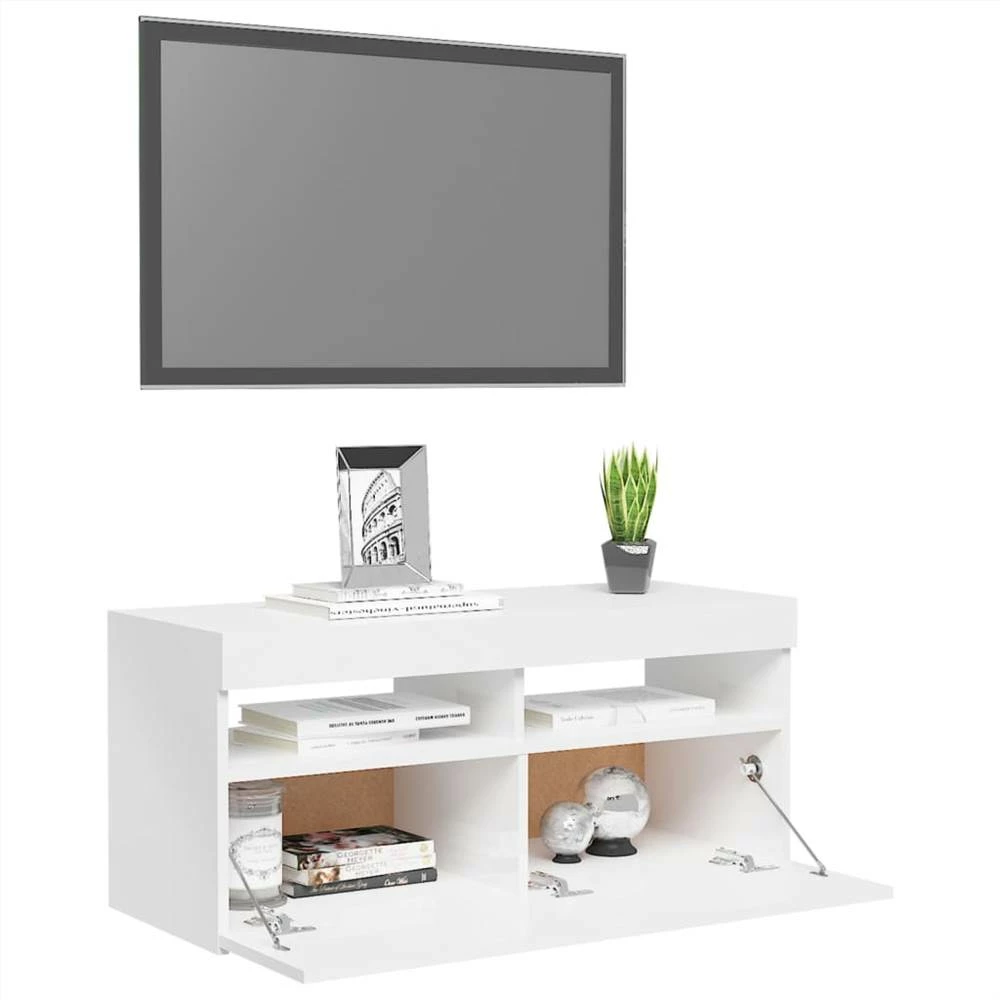 TV Cabinet With LED Lights High Gloss White 90x35x40 Cm 6 TV Cabinet With LED Lights High Gloss White 90x35x40 Cm - Image 6