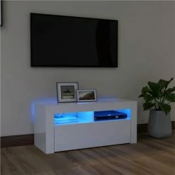 TV Cabinet With LED Lights High Gloss White 90x35x40 Cm
