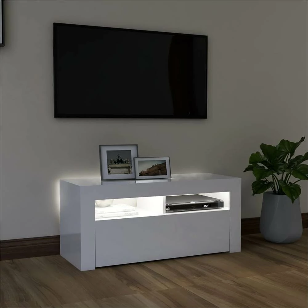 TV Cabinet With LED Lights High Gloss White 90x35x40 Cm 3 TV Cabinet With LED Lights High Gloss White 90x35x40 Cm - Image 3