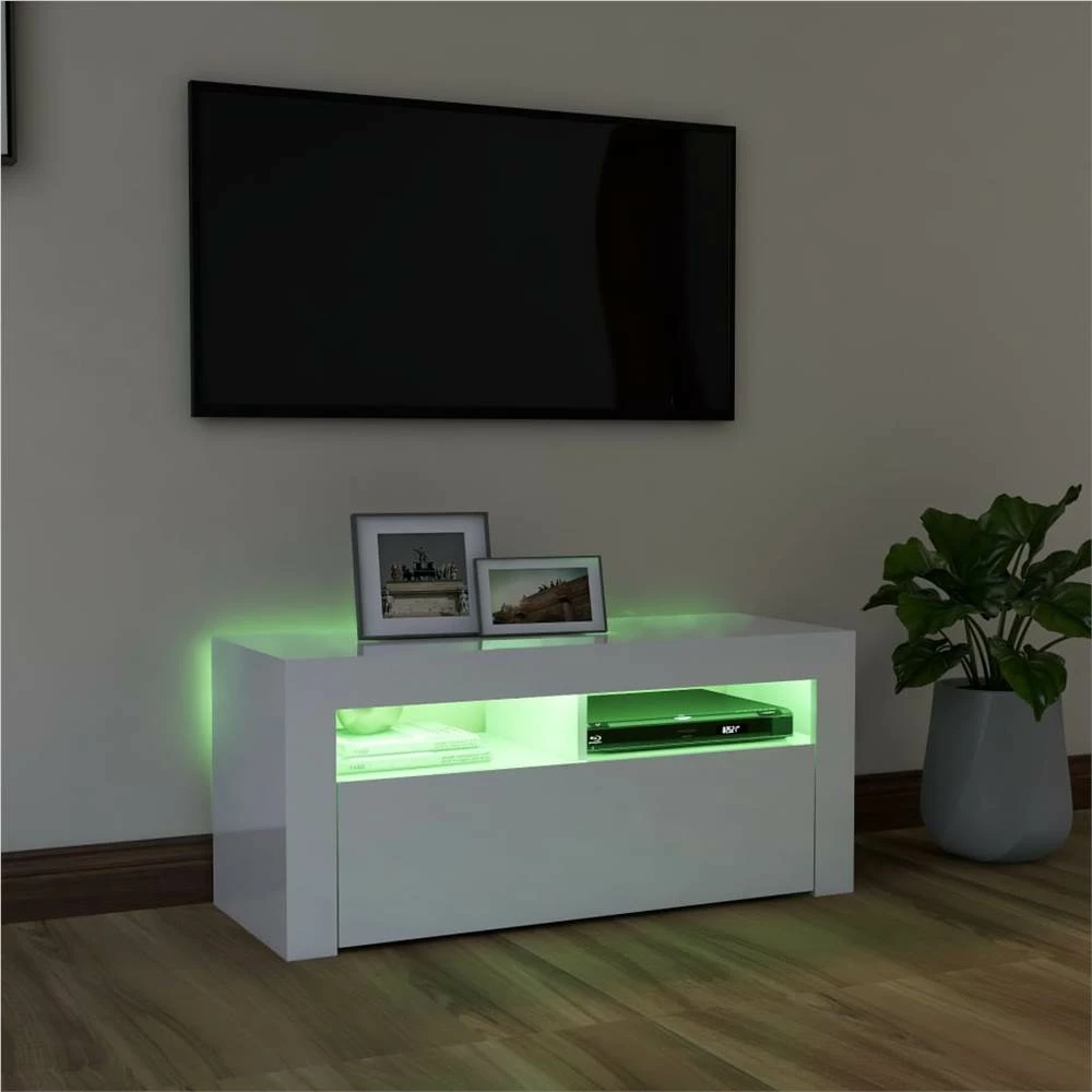 TV Cabinet With LED Lights High Gloss White 90x35x40 Cm 4 TV Cabinet With LED Lights High Gloss White 90x35x40 Cm - Image 4