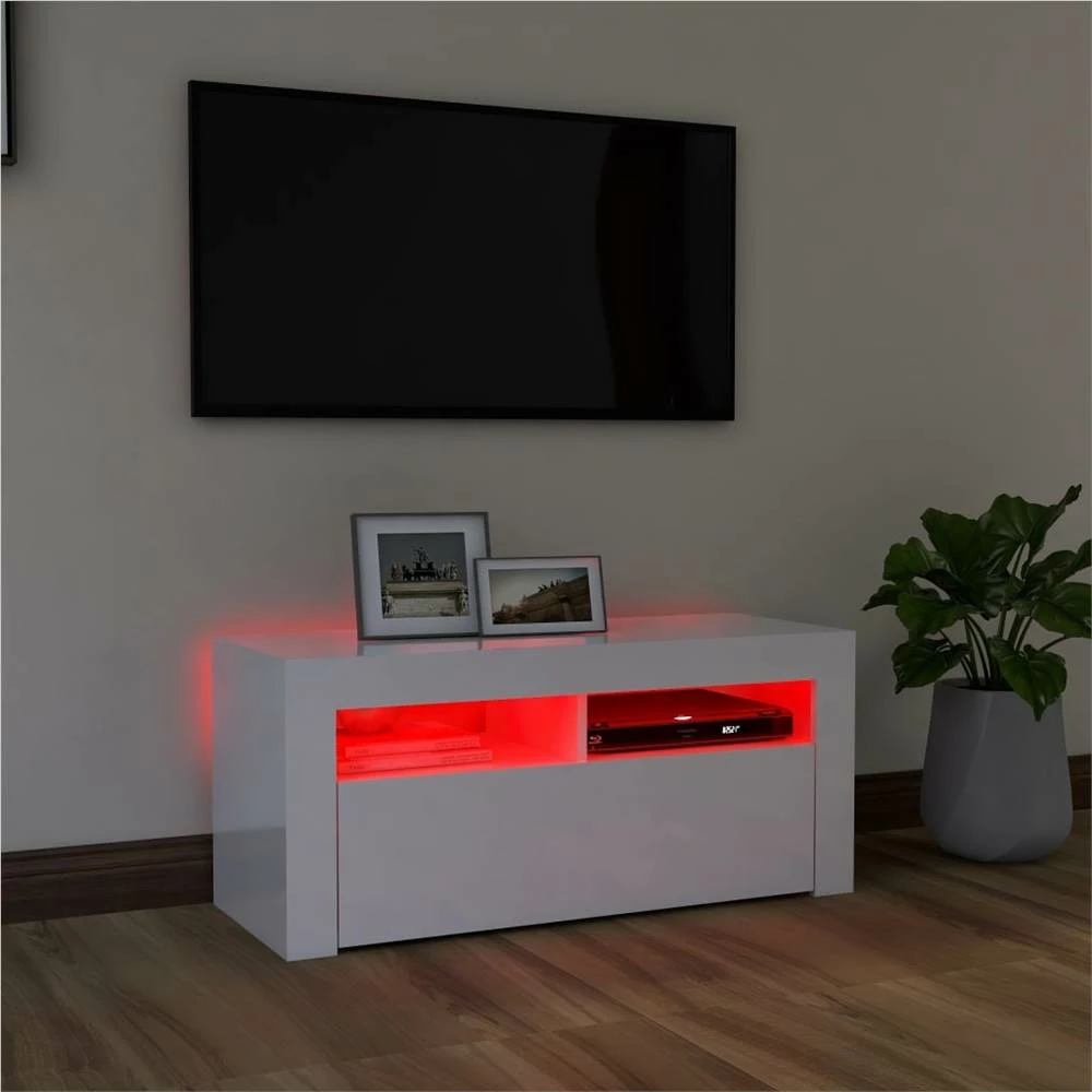 TV Cabinet With LED Lights High Gloss White 90x35x40 Cm 5 TV Cabinet With LED Lights High Gloss White 90x35x40 Cm - Image 5