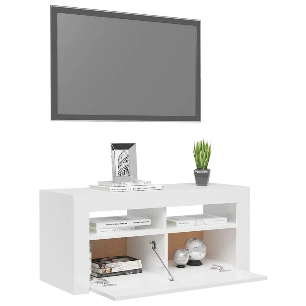 TV Cabinet With LED Lights High Gloss White 90x35x40 Cm 6 TV Cabinet With LED Lights High Gloss White 90x35x40 Cm - Image 6