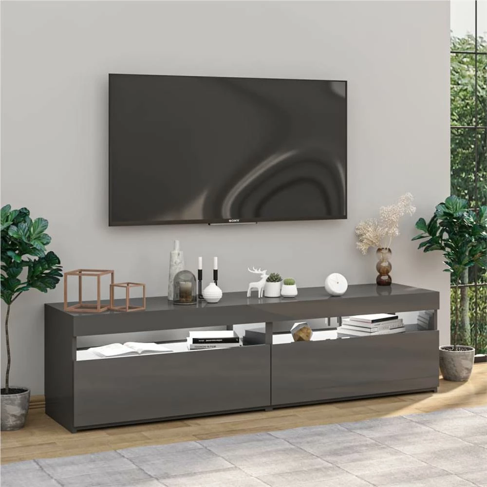 TV Cabinets 2 Pcs With LED Lights High Gloss Grey 75x35x40 Cm 4 TV Cabinets 2 Pcs With LED Lights High Gloss Grey 75x35x40 Cm - Image 4