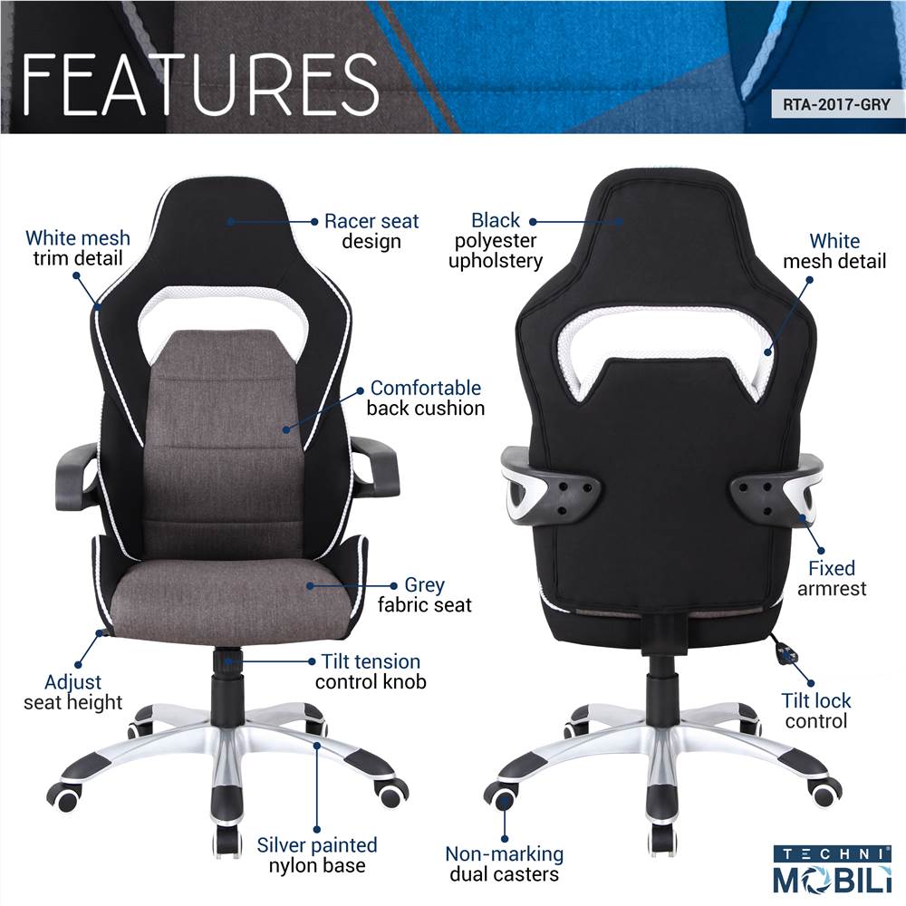 Techni Home Office Fabric Adjustable Rotatable Chair with Ergonomic High Backrest and Lumbar Support - Black Techni Home Office Fabric Adjustable Rotatable Chair With Ergonomic High Backrest And Lumbar Support - Black -NEWTRAL Sales Shop Techni Mobili Ergonomic Upholstered Racing Style Home amp Office Chair Grey Black 469958 3