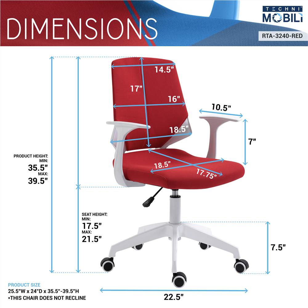 Techni Home Office Fabric Adjustable Rotatable Chair with Ergonomic Backrest and Casters - Red Techni Home Office Fabric Adjustable Rotatable Chair With Ergonomic Backrest And Casters - Red -NEWTRAL Sales Shop Techni Mobili Height Adjustable Mid Back Office Chair Red 469934 2