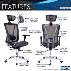 Techni Home Office Mesh Adjustable Rotatable Gaming Chair With Ergonomic High Backrest And Lumbar Support - Black -NEWTRAL Sales Shop Techni Mobili High Back Executive Mesh Office Chair with Arms Headrest and Lumbar Support Black 469970 3