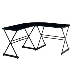 Techni Mobili Home Office L-Shaped Computer Desk With Glass Tabletop And Metal Frame, For Game Room, Small Space, Study Room - Black -NEWTRAL Sales Shop Techni Mobili L Shaped Glass Computer Desk Black 471499 2