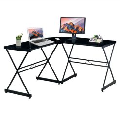 Techni Mobili Home Office L-Shaped Computer Desk With Glass Tabletop And Metal Frame, For Game Room, Small Space, Study Room - Black -NEWTRAL Sales Shop Techni Mobili L Shaped Glass Computer Desk Black 471499 4