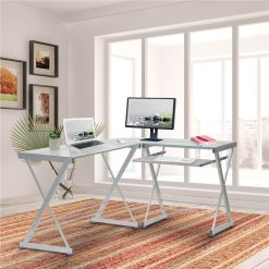Techni Mobili Home Office Computer Desk With Pull-Out Keyboard Panel, Glass Tabletop And Metal Frame, For Game Room, Small Space, Study Room - White -NEWTRAL Sales Shop Techni Mobili L Shaped Tempered Glass Top Computer Desk with Pull Out Keyboard Panel Clear 471498 1